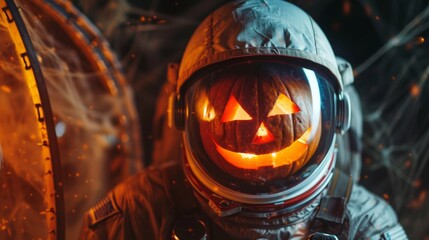 A pumpkin-headed astronaut celebrates Halloween in a spooky environment