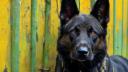 Canvas Print - A black and brown dog is standing in front of a yellow fence. The dog is looking at the camera with a serious expression