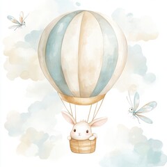 Hot Air Balloon Bunny with Dragonflies and Clouds in Watercolor