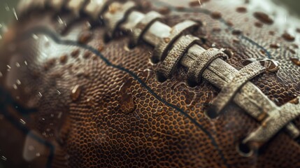 Wall Mural - A close-up shot of a weathered American football covered in water droplets, symbolizing the intensity of the game, the power of nature, the thrill of victory, the sting of defeat, and the enduring spi