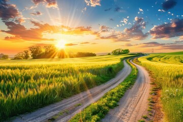 Poster - Rural landscape with green wheat fields at sunset