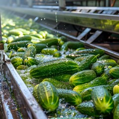 Wall Mural - Washing Many Cucumbers, Cucumbers Automated Washing Line, Vegetable Sorting on Conveyor