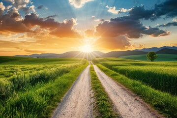 Poster - Rural landscape with sunrise over fields