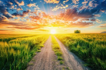 Wall Mural - Rural landscape with wheat fields during sunrise