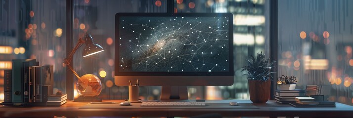 Wall Mural - A desktop computer lit by a desk lamp, showing a network connection, symbolizing connection, technology, progress, business, and the digital world.