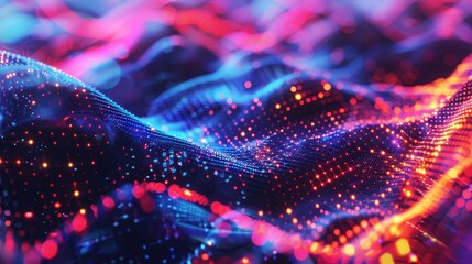 Poster - A digital illustration of abstract waves with red and blue lights, symbolizing technology, connectivity, data flow, energy, and innovation.