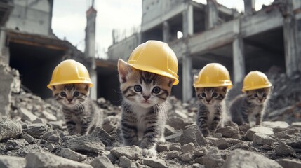 The kittens are wearing helmets and vests, they are smiling, and are probably on a construction or industrial site since the skies are clear and sunny.