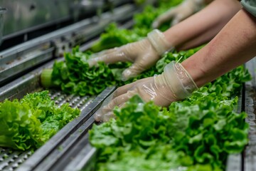 Wall Mural - Salad Production Line, Food Industry, Working on Automated Production Lines in Salads Factory