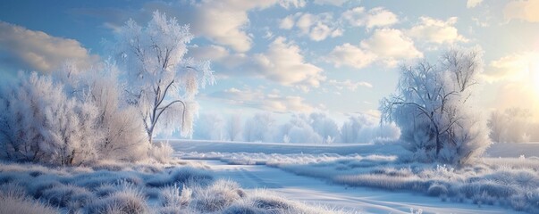 Wall Mural - Thick layer of hoarfrost covering a winter landscape, 4K hyperrealistic photo