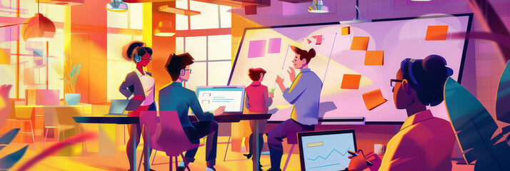 Poster - A diverse team of four individuals collaborates in a bright and modern office space. They are brainstorming ideas, working on projects, and engaging in productive discussions, symbolizing teamwork, in
