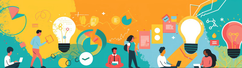 Poster - A diverse team collaborates, sharing ideas and working towards a common goal, represented by lightbulbs symbolizing creativity, innovation, and problem-solving. The colorful background suggests a dyna