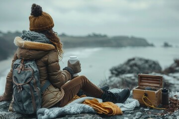 Wall Mural - woman turned back and sit on rocks by seaside with blanket and mug with coffee or tea. wild places, getting away, outdoors activity, travel experience