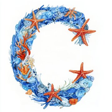A capital letter of the Latin alphabet decorated with corals, shells, algae, bubbles, blue and coral colors. Hand-drawn watercolor illustration.