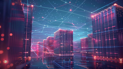 Poster - A futuristic city with illuminated skyscrapers connected by glowing lines, symbolizing digital networks, urban development, technology, connectivity, and progress.