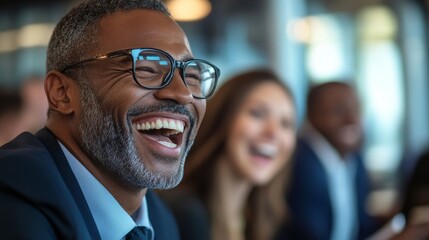 Wall Mural - Happy businesspeople laughing in an office, Generative AI