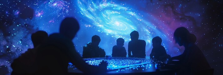 Poster - A group of individuals silhouetted against a backdrop of a vibrant cosmic nebula, symbolizing wonder, exploration, connection, imagination, and the vastness of the universe.