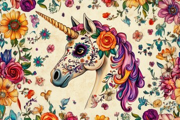 Canvas Print - Unicorn with flowers