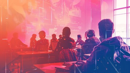 Poster - A group of students in a classroom setting, focused on their digital devices. The room is filled with technology and data, symbolizing the importance of digital literacy, coding, and the future of edu