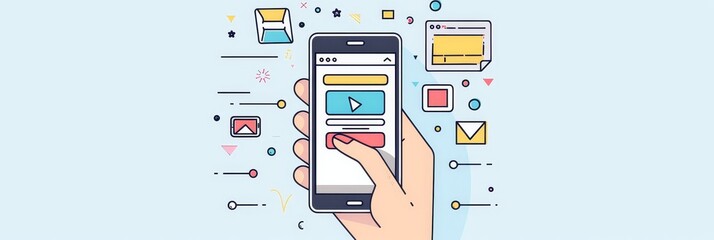 Poster - A hand clicks a red play button on a smartphone screen, symbolizing interaction, engagement, multimedia, and mobile app UI design.