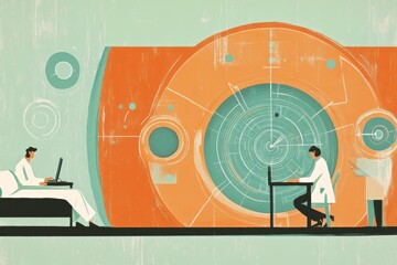 Poster - Modern illustration of medical technology with doctor and patient in a futuristic clinic