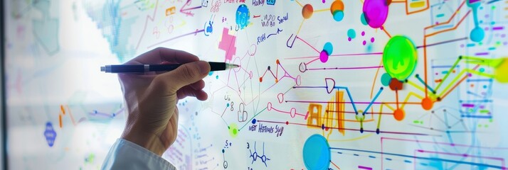 Poster - A hand holding a pen draws a complex network of lines, circles, and arrows on a whiteboard. This symbolizes planning, problem-solving, teamwork, innovation, and collaboration.