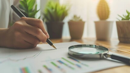 Poster - A hand holding a pen and a magnifying glass analyzing a financial chart, symbolizing research, analysis, detail, and focus.