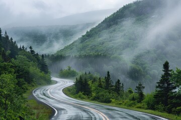 scenic cabot trail in cape breton nova scotia canada with fog covered forest hills