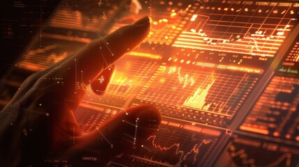 Poster - A hand hovers over a digital interface displaying data, representing progress, technology, analysis, innovation, and growth.