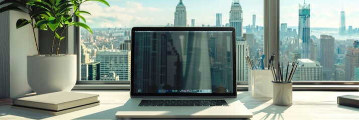 Poster - A laptop sits open on a clean desk in front of a large window with a city skyline view. The laptop screen is dark, suggesting productivity or focus. The window and the plant in the foreground frame th