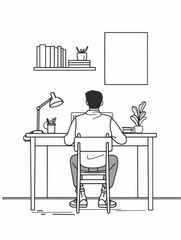 Poster - A line art illustration of a man sitting at a desk, working on a computer. The man is facing away from the viewer, and his desk is filled with books, plants, and a lamp. This image symbolizes work, pr