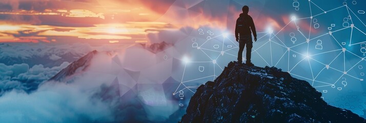 Poster - A lone figure stands atop a mountain peak, symbolizing achievement and success.  The background showcases a vibrant sunset, highlighting the journey and potential for growth. A network of interconnect