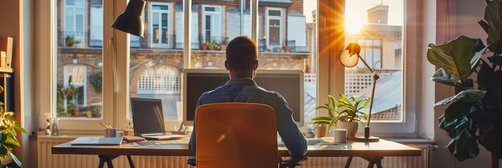 Poster - A man sits at a desk by a window, bathed in warm sunlight, focused on his computer screen. The sunset casts a golden glow on the city outside, creating a peaceful and productive atmosphere. The scene 