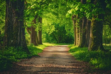 Wall Mural - Scenic landscape with gravel road through lush greenery on sunny spring day