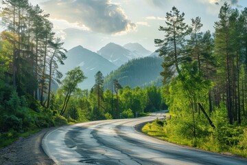 Wall Mural - Scenic mountain road winding through dense forest