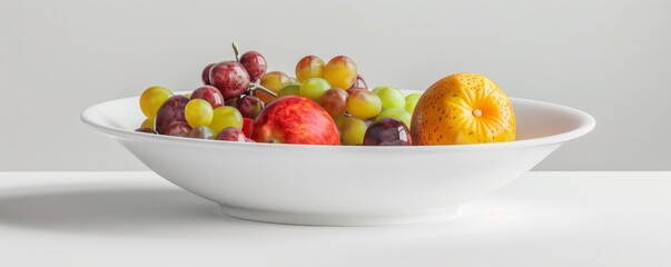 White porcelain dish with fruit on white background, 4K hyperrealistic photo