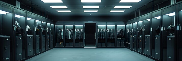 Poster - A minimalist and futuristic server room with rows of black cabinets, bright lights, and a clean, sterile environment. This image symbolizes technology, security, data storage, and the digital world.