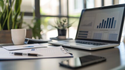 Poster - A minimalist workspace with a laptop displaying a chart, a clipboard with papers, a smartphone, and a coffee mug. The image represents productivity, business, and technology.