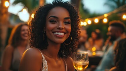 Wall Mural - A stunning woman, part of a lively and diverse group of friends at a backyard gathering, all sharing drinks and joyful laughter under the evening sky.