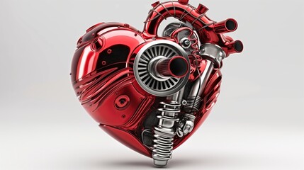 Red metal heart shaped machine with working engine.