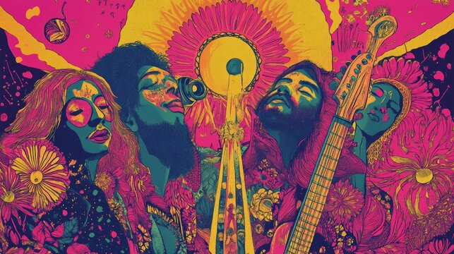 Psychedelic Rhythms. 1960s Retro Music Festival Poster with Iconic Artists