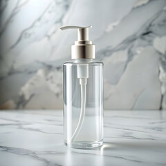 A clear glass cleanser bottle with a sleek white plastic