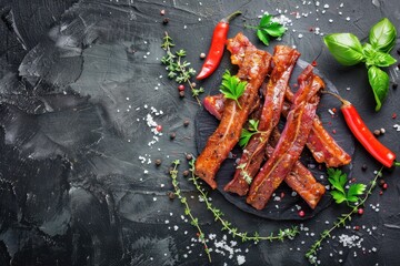 Poster - Tasty dried veal or turkey jerky with seasoning on dark concrete surface