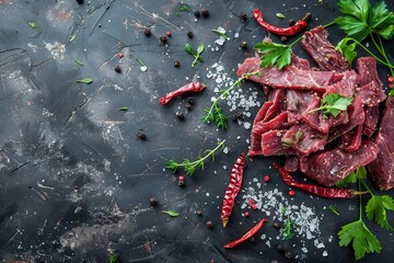 Poster - Tasty dried veal or turkey jerky with seasonings on dark surface