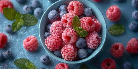 Wall Mural - Fresh raspberries and blueberries in turquoise bowl with mint leaves. Concept of healthy eating, summer fruits, and natural nutrition.