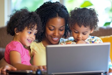 Mother and children using laptop, Generative AI