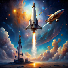 A painting of a spaceship being lifted up by a gal