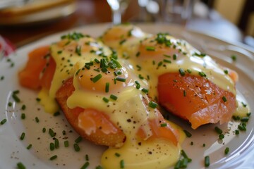 Wall Mural - Tasty eggs benedict with smoked salmon and herbs