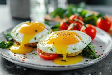 Sticker - Tasty eggs Florentine with tomatoes on table