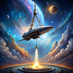 Wall Mural - A painting of a spaceship being lifted up by a gal