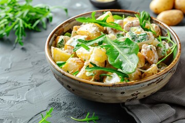 Wall Mural - Tasty potato salad with greens in a bowl on a grey background